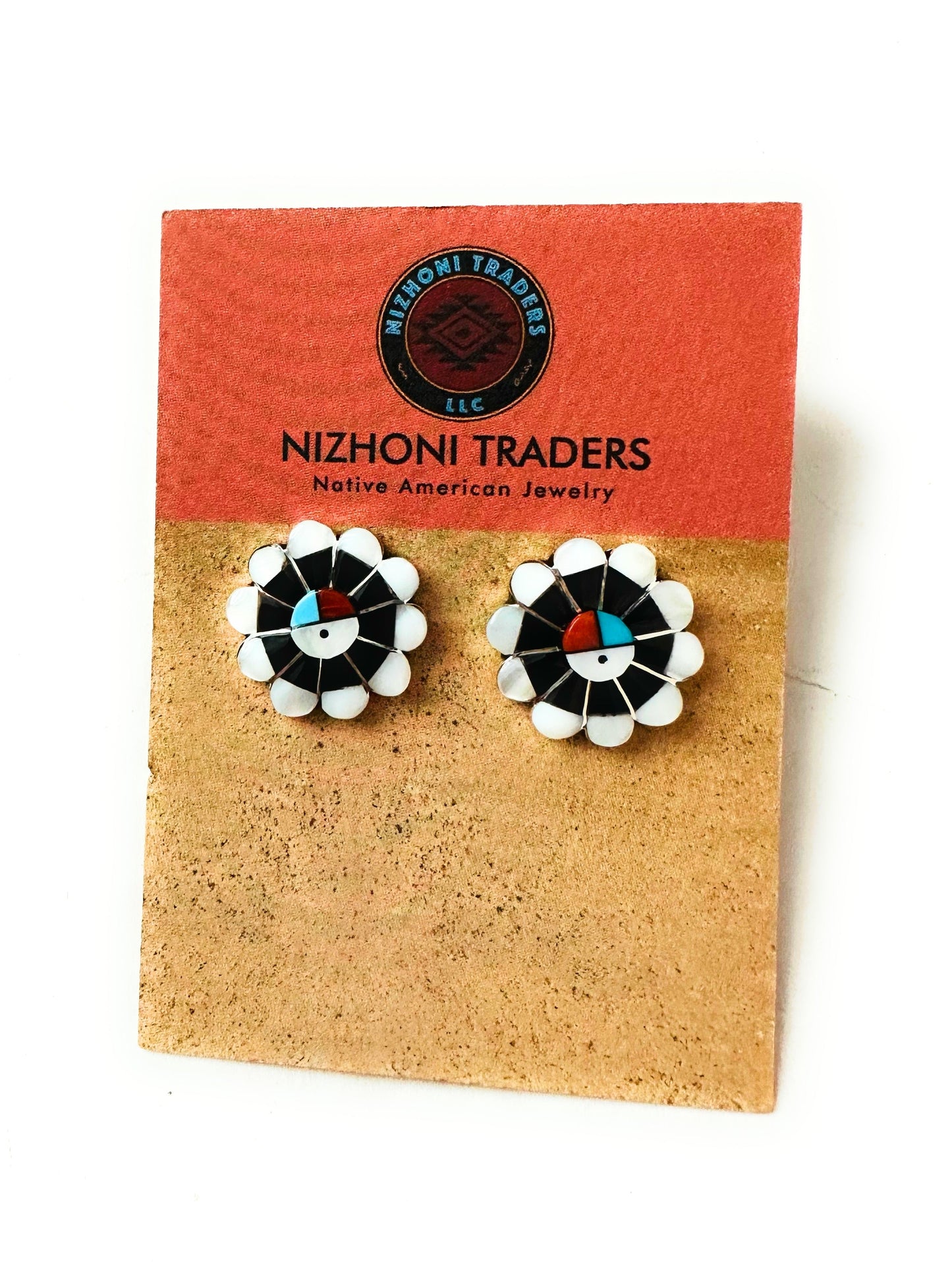 Zuni Sun Face Multi Stone & Sterling Silver Inlay Stud Earrings